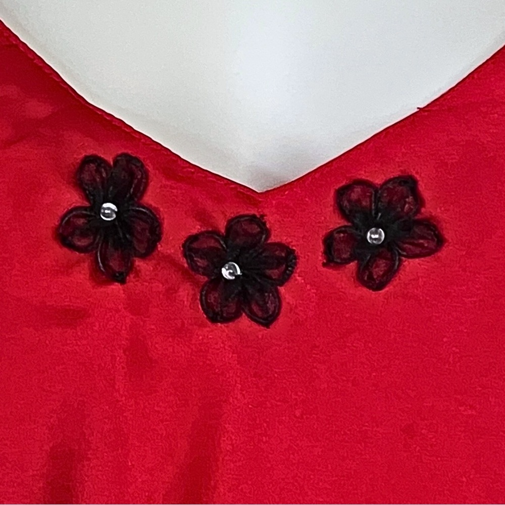 Y2K Red Satin Cami Top Flowers V Neck Lingerie M/L Fairycore Going Out FLAWED - Picture 7 of 8